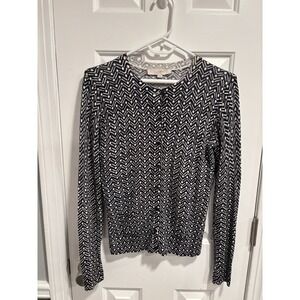 Loft Printed Button Up Cardigan Black & White Geometric Print Sz Small